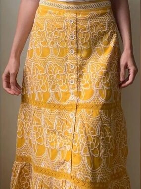 Anthropologie Yellow Embroidered Eyelet Floral Button-Front Midi Skirt